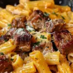 Cajun Steak Tips in Cheesy Rigatoni Parmesan Sauce