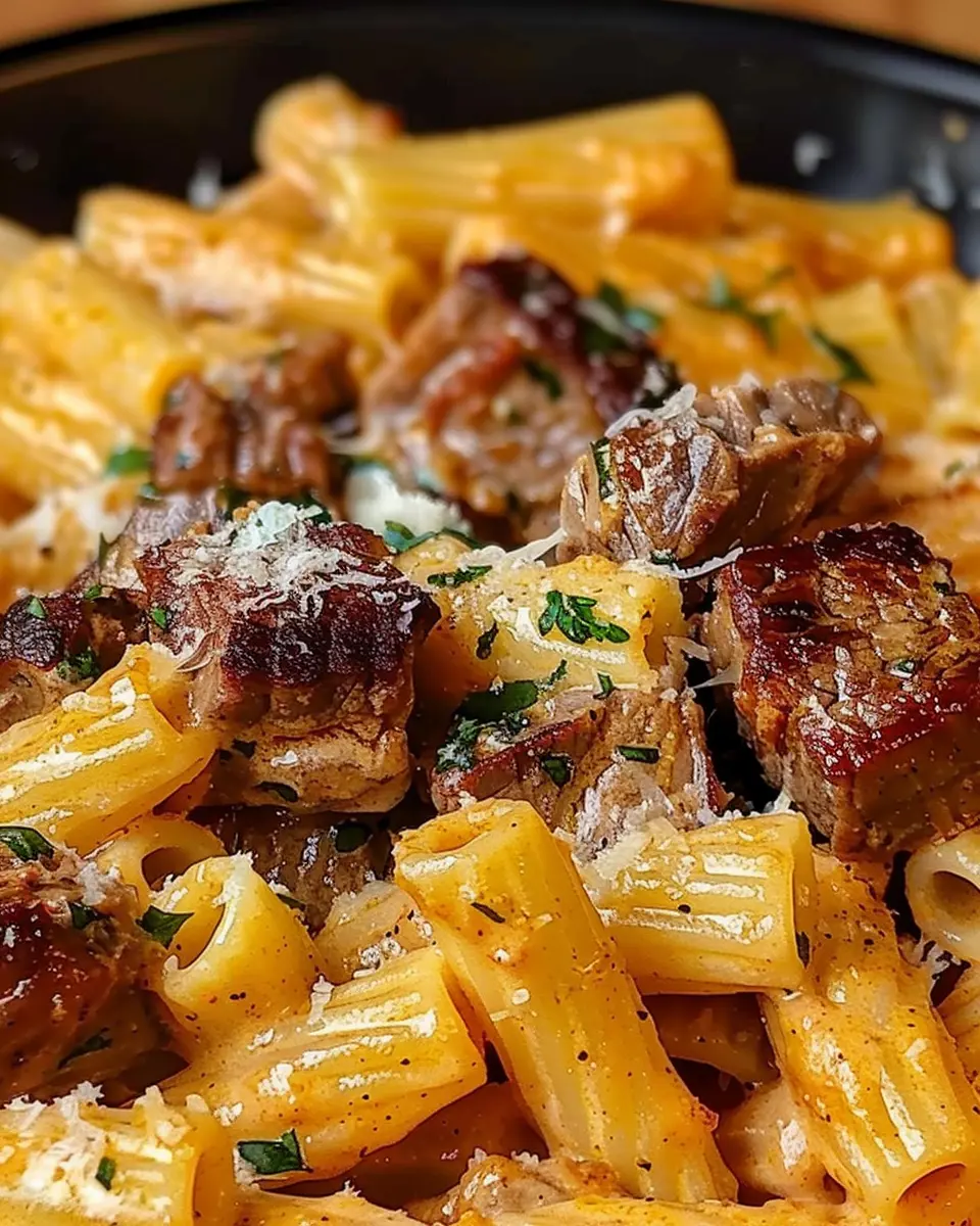 Cajun Steak Tips in Cheesy Rigatoni Parmesan Sauce: Indulgent Comfort