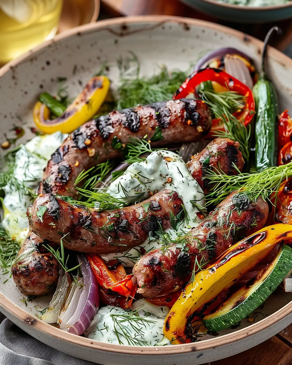 Grilled Sausage and Vegetables: Easy Recipe with Creamy Dill Dip