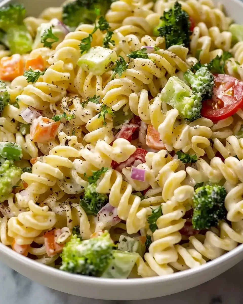 Creamy High Protein Pasta Salad with Turkey Bacon and Chicken Ham